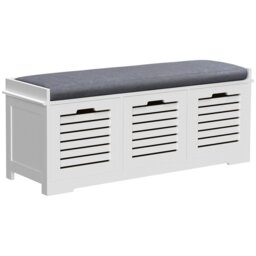 Rackhams 3-Door Shoe Storage Bench Cushion Seat Slatted Doors Elevated Base White - Grey - thumbnail 2
