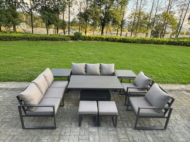 Rackhams 10 Seater Aluminium Outdoor Garden Furniture Set with Adjustable Rising Dining Table, 2 Sofas, 2 Side Tables & 2 Stools - Grey - image 1