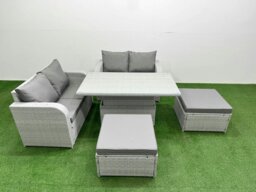 Rackhams 6 Seater Outdoor Love Sofa Set Rattan Garden Furniture Set with Adjustable Lifting Dining or Coffee Table 2 Footstool Light Grey - thumbnail 1