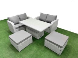 Rackhams 6 Seater Outdoor Love Sofa Set Rattan Garden Furniture Set with Adjustable Lifting Dining or Coffee Table 2 Footstool Light Grey - thumbnail 2