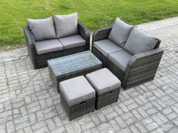 Rackhams Rattan Garden Furniture Set 6 Seater Patio Outdoor Lounge Sofa Set with Rectangular Coffee Table 2 Small Footstools Dark Grey Mixed - thumbnail 2