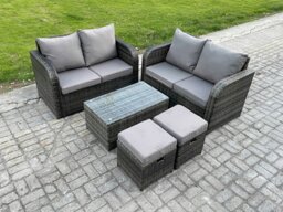 Rackhams Rattan Garden Furniture Set 6 Seater Patio Outdoor Lounge Sofa Set with Rectangular Coffee Table 2 Small Footstools Dark Grey Mixed - thumbnail 1