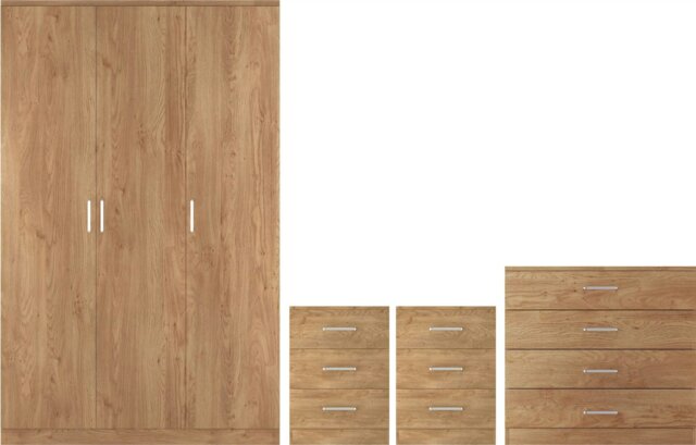 Rackhams Dakota 3 Door Triple Wardrobe 4 Piece Bedroom Set - Oak