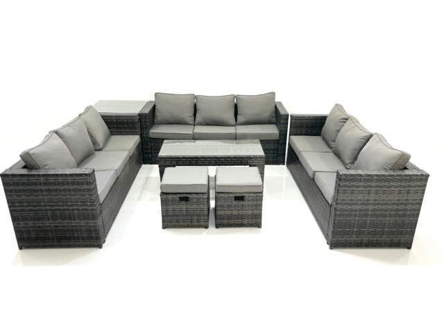 Rackhams Outdoor Garden Furniture Set 11 Seater Rattan Sofa Set with Coffee Table 2 Small Footstools Side Table Dark Grey Mixed - image 1