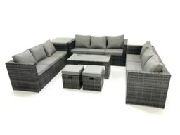 Rackhams Outdoor Garden Furniture Set 11 Seater Rattan Sofa Set with Coffee Table 2 Small Footstools Side Table Dark Grey Mixed - thumbnail 2