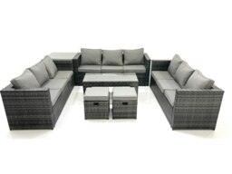 Rackhams Outdoor Garden Furniture Set 11 Seater Rattan Sofa Set with Coffee Table 2 Small Footstools Side Table Dark Grey Mixed - thumbnail 1