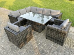 Rackhams 7 Seater Rattan Garden Furniture Set with Left Corner Sofa, Rising Dining Table & 2 Chairs - Dark Grey - thumbnail 3
