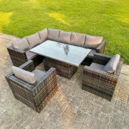 Rackhams 7 Seater Rattan Garden Furniture Set with Left Corner Sofa, Rising Dining Table & 2 Chairs - Dark Grey - thumbnail 1