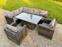 Rackhams 7 Seater Rattan Garden Furniture Set with Left Corner Sofa, Rising Dining Table & 2 Chairs - Dark Grey - thumbnail 2