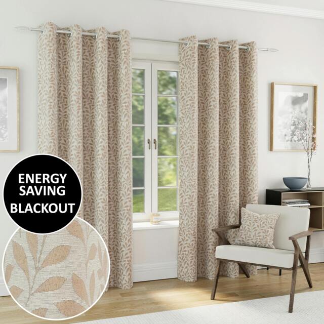 "Rackhams Natural 100% Blackout Jacquard Leaf Curtains - Thermal/Energy Saving Pair with Eyelets For Living Room & Bedrooms - 46"" (117cm) Width x 72"" (183cm) Drop" - image 1