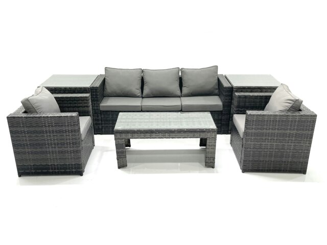 Rackhams Rattan Garden Furniture Set Outdoor Lounger Sofa with Coffee Table 2 Armchair 2 Side Tables Dark Grey Mixed - image 1
