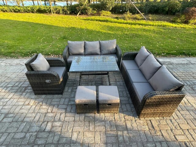 Rackhams Outdoor Lounge Sofa Set Wicker PE Rattan Garden Furniture Set with Rectangular Dining Table Reclining Chair 2 Small Footstools Dark Grey Mixed - image 1