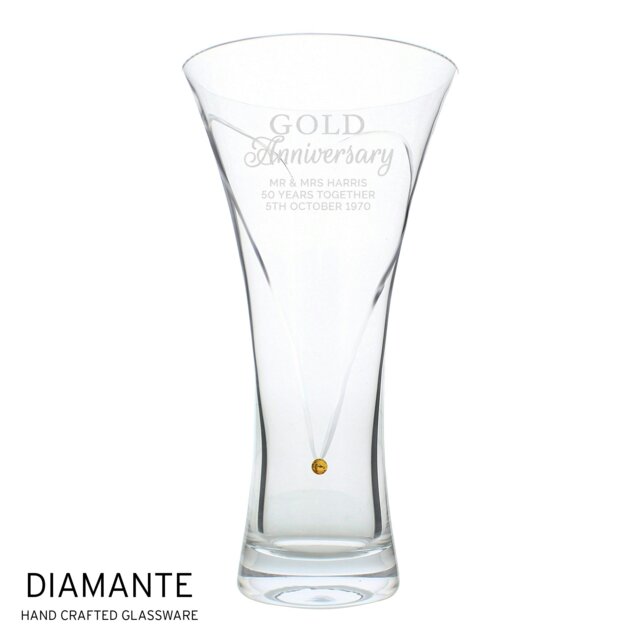 Rackhams Personalised Gold Anniversary Large Hand Cut Diamante Heart Vase - image 1