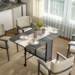Rackhams Mobile Drop Leaf Dining Table on Wheels with Storage Shelf - Grey