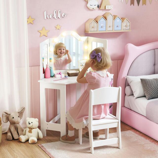 Rackhams Kids Vanity Table and Stool with Lights, Tri-Folding Mirror, White - image 1