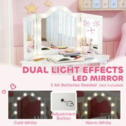 Rackhams Kids Vanity Table and Stool with Lights, Tri-Folding Mirror, White - thumbnail 6