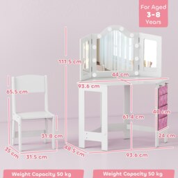 Rackhams Kids Vanity Table and Stool with Lights, Tri-Folding Mirror, White - thumbnail 4