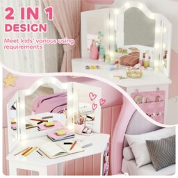 Rackhams Kids Vanity Table and Stool with Lights, Tri-Folding Mirror, White - thumbnail 5