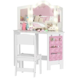 Rackhams Kids Vanity Table and Stool with Lights, Tri-Folding Mirror, White - thumbnail 3