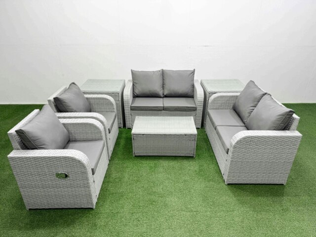 Rackhams 6 Seater Outdoor Reclining Chair Love Sofa Set Rattan Garden Furniture Set with Rectangular Coffee Table 2 Side Tables Light Grey - image 1