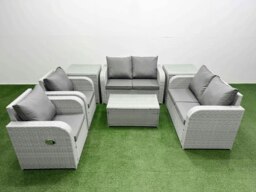 Rackhams 6 Seater Outdoor Reclining Chair Love Sofa Set Rattan Garden Furniture Set with Rectangular Coffee Table 2 Side Tables Light Grey - thumbnail 1