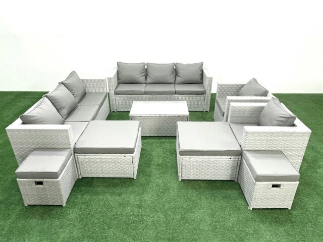 Rackhams 9 Pieces Rattan Garden Furniture Set Outdoor Garden Sofa Chair Coffee Table Set with 4 Footstools Light Grey Mixed - image 1