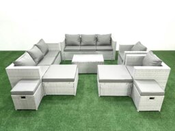Rackhams 9 Pieces Rattan Garden Furniture Set Outdoor Garden Sofa Chair Coffee Table Set with 4 Footstools Light Grey Mixed - thumbnail 2