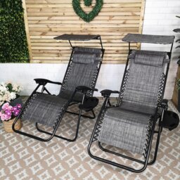 Rackhams Pack of 2 Multi Position Garden Gravity Relaxer Chair Sun Loungers with Sun Canopy in Grey - SunLoungers - thumbnail 2