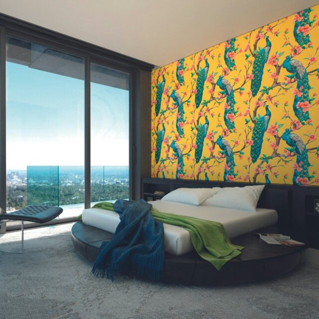 Rackhams Flowery Peacocks Wall Mural - Yellow - Large - W350cm x H280cm - image 1