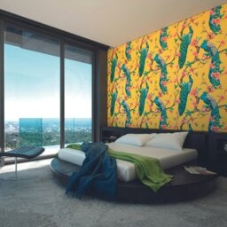 Rackhams Flowery Peacocks Wall Mural - Yellow - Large - W350cm x H280cm - thumbnail 1