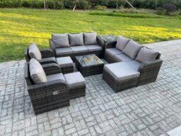 Rackhams High Back Rattan Garden Furniture Set with Square Coffee Table 3 Footstools Side Table Indoor Outdoor Patio Lounge Sofa Set Dark Grey Mixed - thumbnail 2