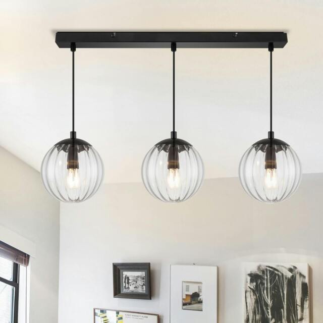 Rackhams Kingston 3 Light Ribbed Glass Pendant Light - Matt Black - Bar - image 1