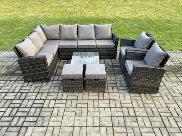 Rackhams Rattan Garden Furniture Set Outdoor Lounge Corner Sofa Set With Square Coffee Table 2 Small Footstools Armchair 10 Seater Dark Grey Mixed - image 1
