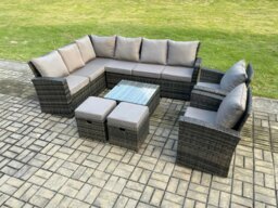 Rackhams Rattan Garden Furniture Set Outdoor Lounge Corner Sofa Set With Square Coffee Table 2 Small Footstools Armchair 10 Seater Dark Grey Mixed - thumbnail 2
