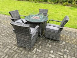 Rackhams Rattan Garden Furniture Gas Fire Pit Round Dining Table Set Gas Heater And Dining Chairs 4 Seater - thumbnail 3