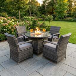 Rackhams Rattan Garden Furniture Gas Fire Pit Round Dining Table Set Gas Heater And Dining Chairs 4 Seater