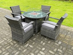 Rackhams Rattan Garden Furniture Gas Fire Pit Round Dining Table Set Gas Heater And Dining Chairs 4 Seater - thumbnail 2