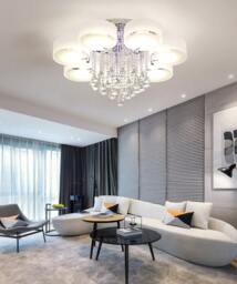 Rackhams Ceiling Light Semi-Flush Mount, Cylindrical Acrylic Lampshades, Crystal Drops - 7 cylindrical shades - thumbnail 6