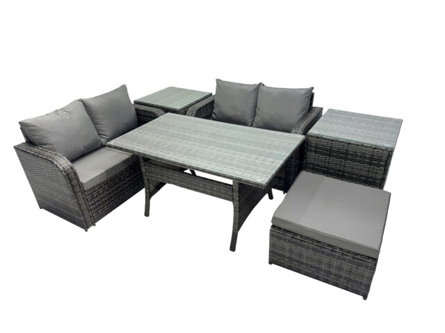 Rackhams Wicker PE Rattan Garden Outdoor Furniture Set Love Sofa Dining Table Sets with 2 Side Table Big Stool Dark Grey Mixed - image 1