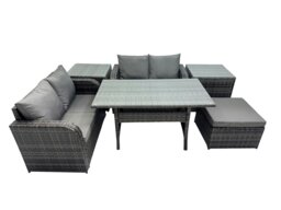 Rackhams Wicker PE Rattan Garden Outdoor Furniture Set Love Sofa Dining Table Sets with 2 Side Table Big Stool Dark Grey Mixed - thumbnail 2