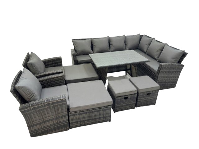 Rackhams 12 Seater Garden Outdoor Rattan Furniture Set Rattan Corner Sofa Oblong Dining Table with 2 Armchairs 4 Footstools Dark Grey - image 1