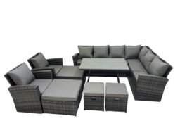 Rackhams 12 Seater Garden Outdoor Rattan Furniture Set Rattan Corner Sofa Oblong Dining Table with 2 Armchairs 4 Footstools Dark Grey - thumbnail 2