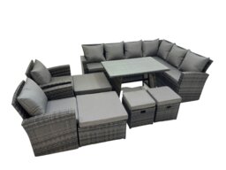 Rackhams 12 Seater Garden Outdoor Rattan Furniture Set Rattan Corner Sofa Oblong Dining Table with 2 Armchairs 4 Footstools Dark Grey - thumbnail 1