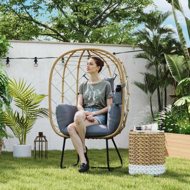 Rackhams Rattan Garden Egg Chair with Thickened Cushion, Headrest, Brown - image 1