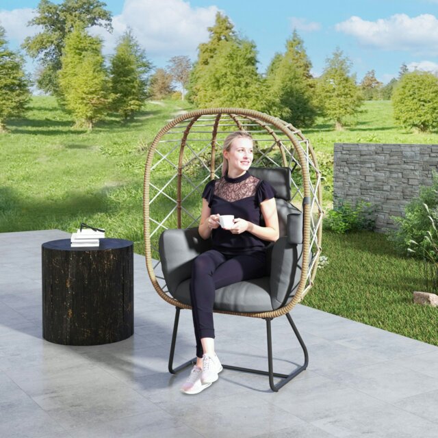 Rackhams Rattan Garden Egg Chair with Thickened Cushion, Headrest, Brown - Brown - Steel, PE Rattan - 93W x 72D x 146H cm - image 1