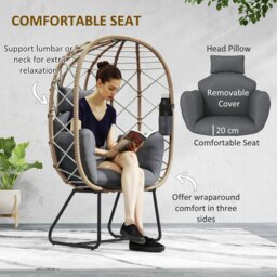 Rackhams Rattan Garden Egg Chair with Thickened Cushion, Headrest, Brown - Brown - Steel, PE Rattan - 93W x 72D x 146H cm - thumbnail 4