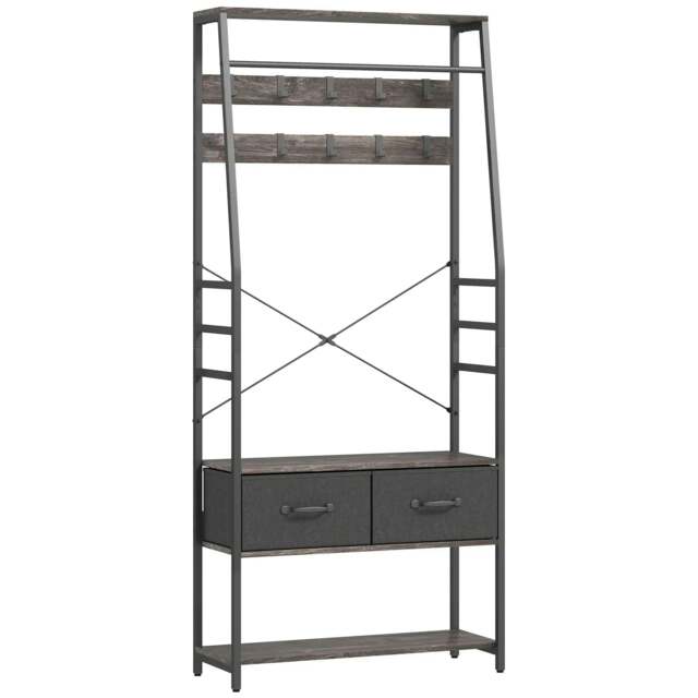 Rackhams Coat Rack with Shoe Storage, Hall Tree, Industrial Coat Stand with Shoe Bench, 10 Removable Hooks, 2 Fabric Drawers and Clothes Rail, Hallway, Grey