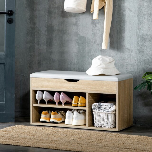 Rackhams Sit-On Shoe Storage Unit w/ Hidden Compartment Handles Grey, Oak - Oak - image 1