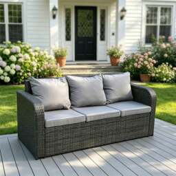 Rackhams High Back 3 Seater Rattan Sofa Patio Outdoor Garden Furniture With Cushion - thumbnail 1