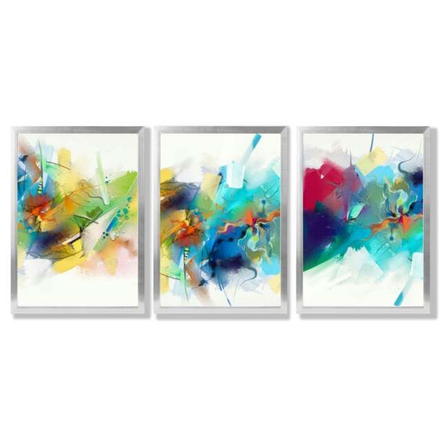 Rackhams Set of 3 Abstract Multicolour Blue Pink Framed Wall Art Prints - 59x84cm (A1) - Silver - image 1